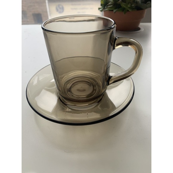 VTG Single Arcoroc France Smokey Gray Coffee Mug And Saucer Rare - Picture 3 of 7